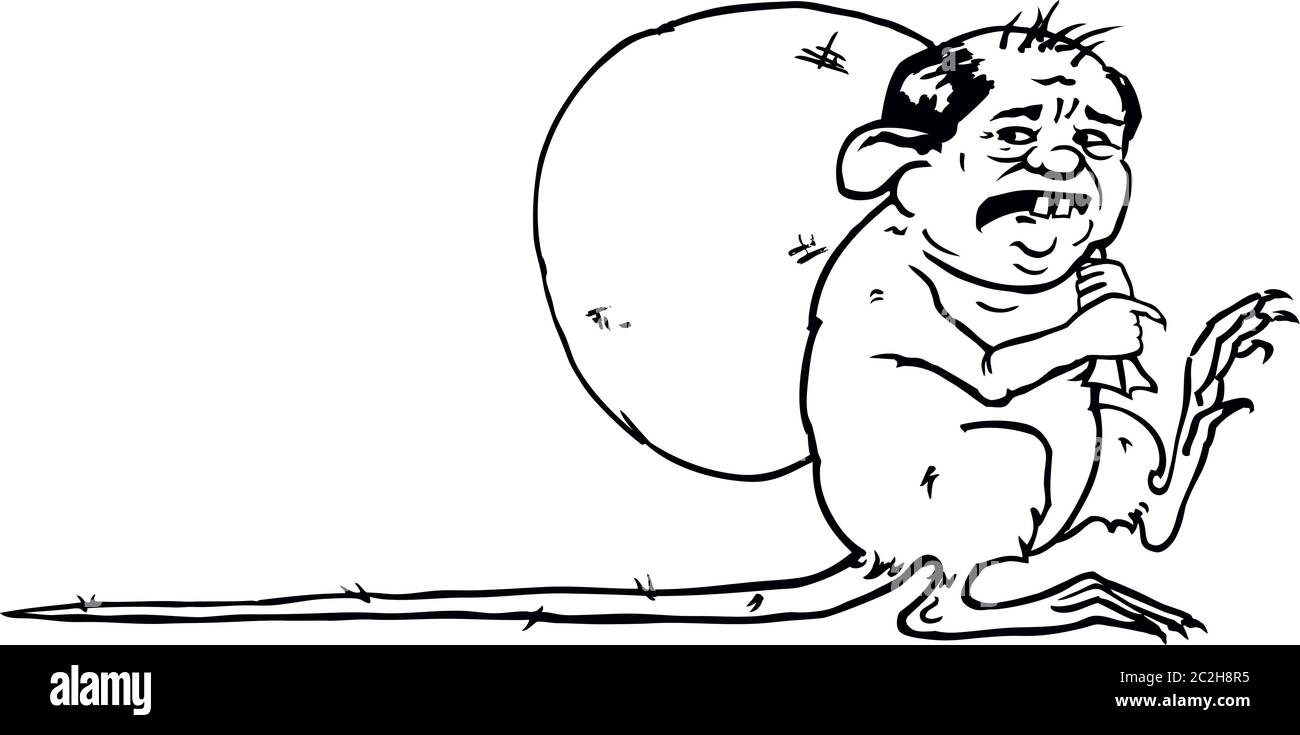 Illustrazione vettoriale in bianco e nero di un ladro di ratto con un volto umano che porta un sacco grande. Una caricatura di un burocrate corrotto. Illustrazione Vettoriale