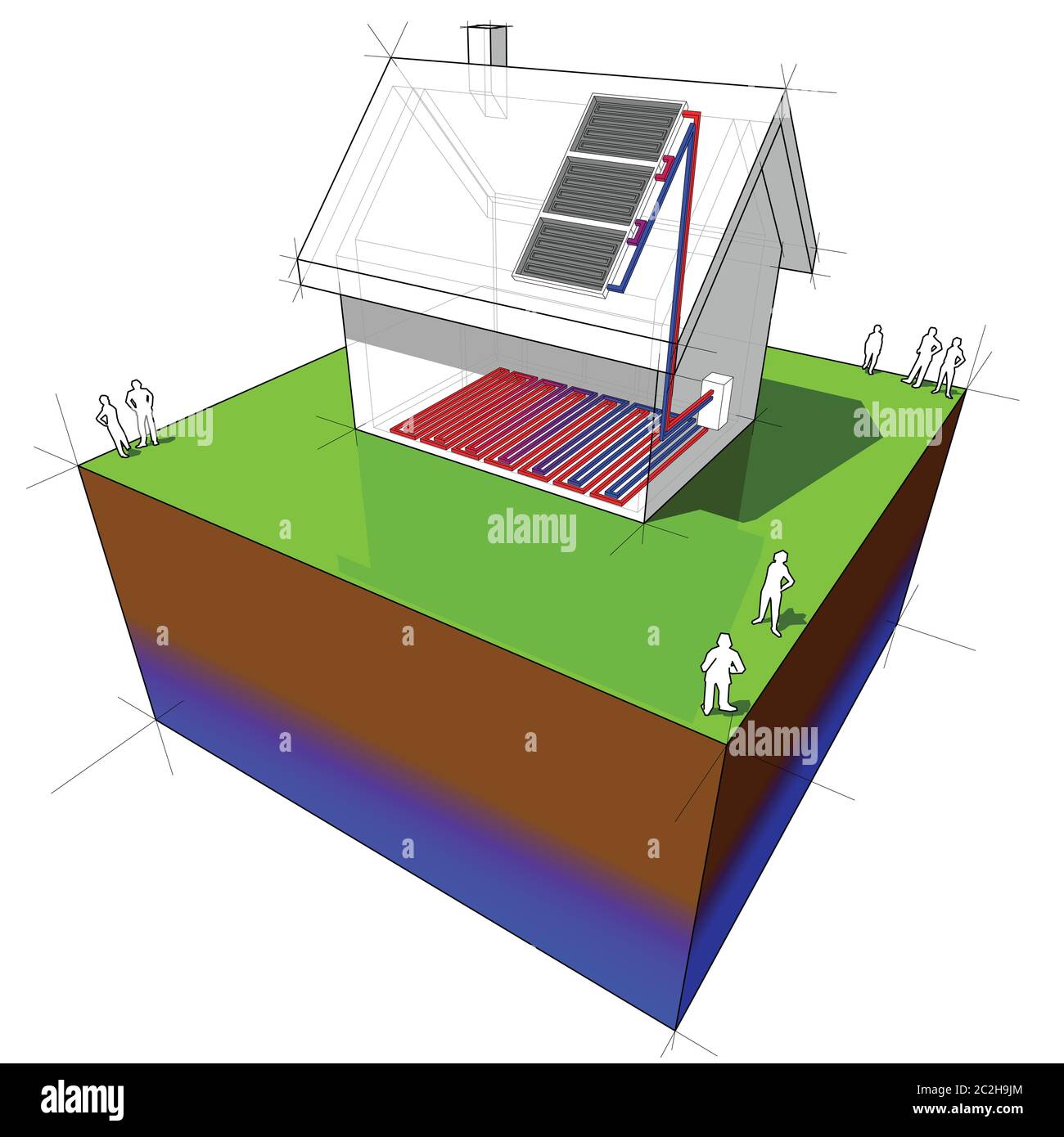 schema di una casa indipendente con riscaldamento a pavimento riscaldato da pannello solare Illustrazione Vettoriale