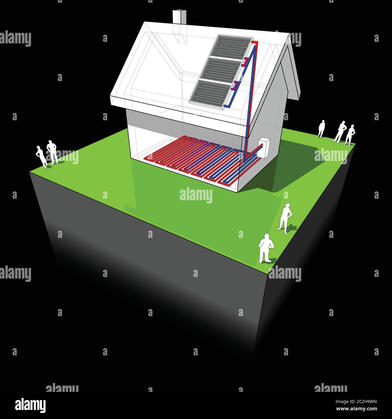 schema di una casa indipendente con riscaldamento a pavimento riscaldato da pannello solare Illustrazione Vettoriale