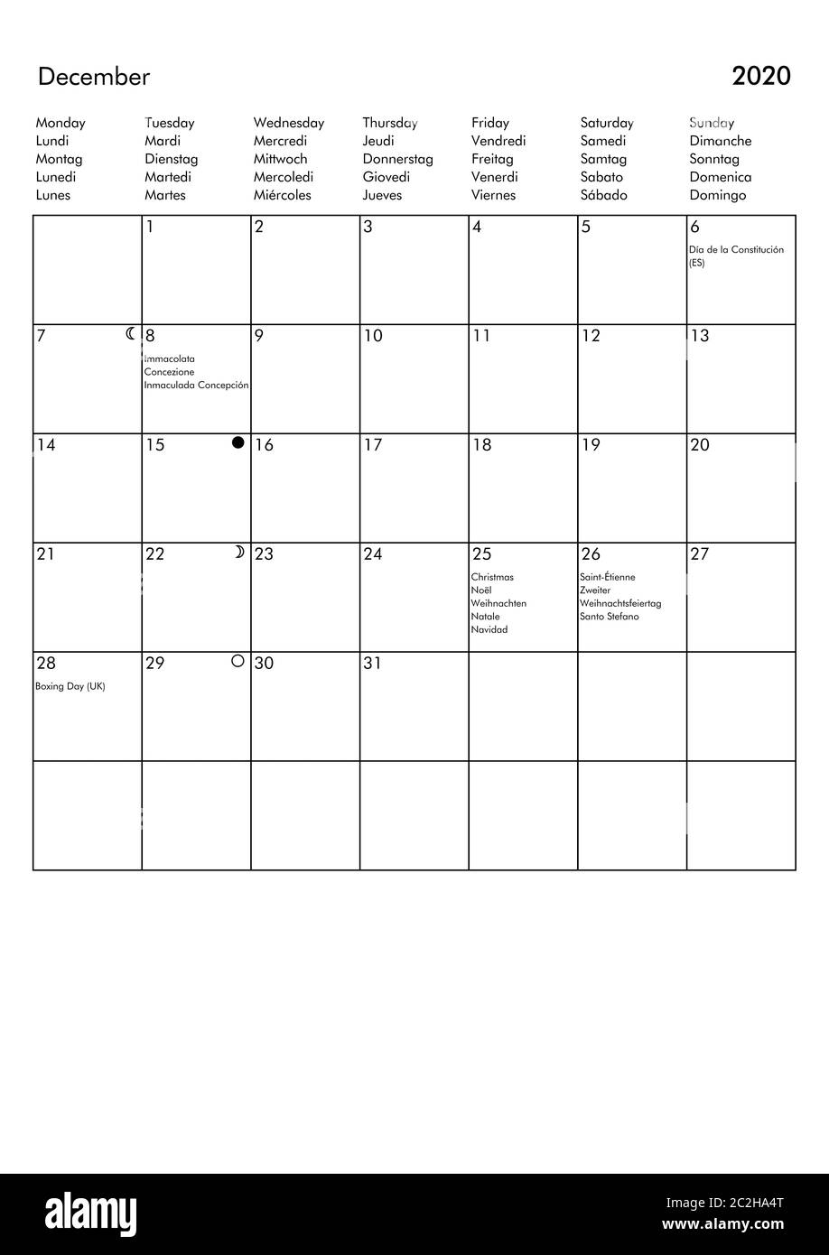 Calendario aprile 2020 con giorni festivi e festivi per i principali paesi europei (Regno Unito, Germania, Francia, Italia, Spagna) Foto Stock