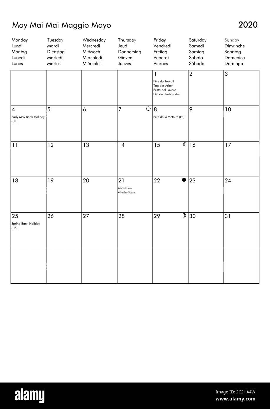 Calendario agosto 2020 con giorni festivi e festivi per i principali paesi europei (Regno Unito, Germania, Francia, Italia, Spagna) Foto Stock