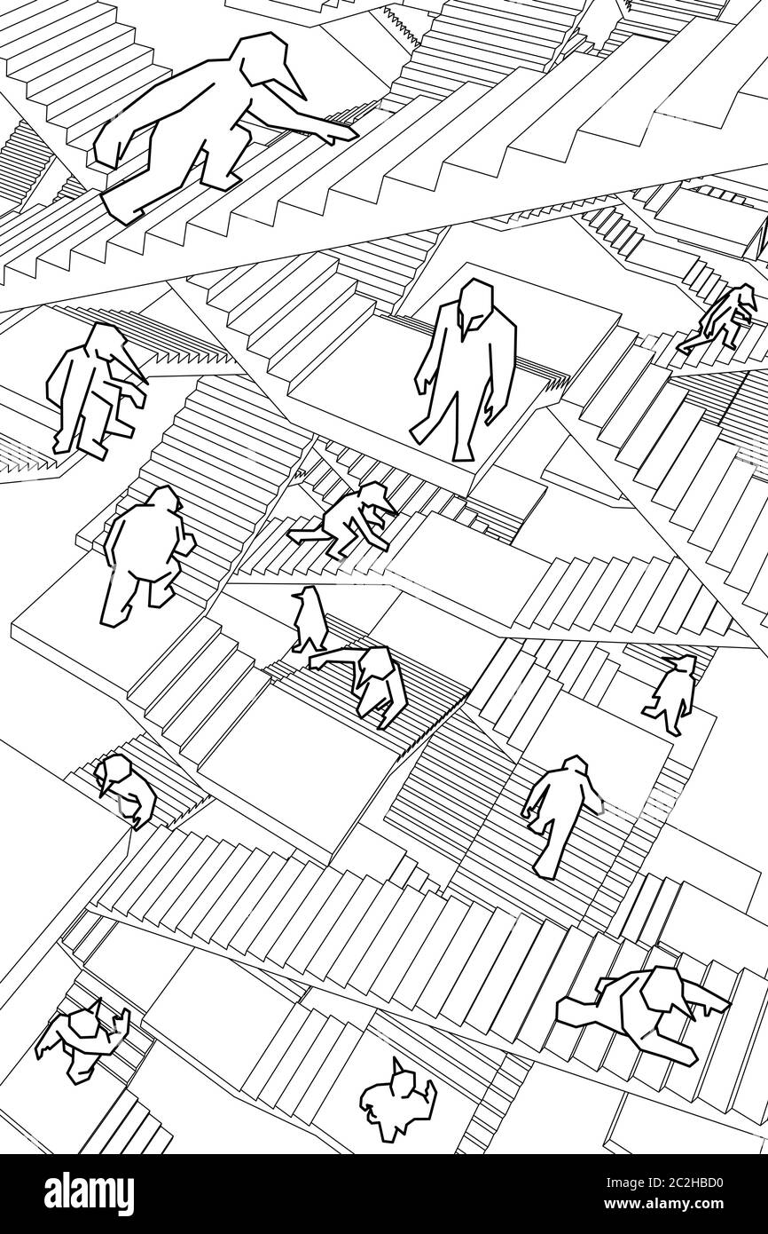 Perso e confuso di persone in corsa verso l'alto e verso il basso in un labirinto di scale Illustrazione Vettoriale