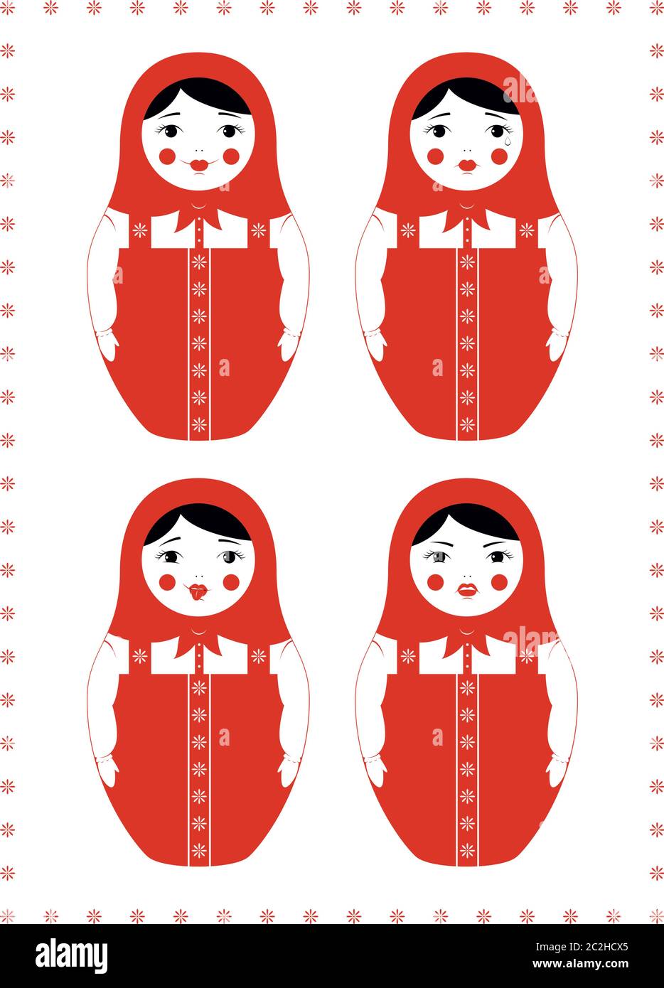 Illustrazione vettoriale di una bambola russa che nidifica Matryoshka. Quattro diverse espressioni facciali: Sorridere, piangere, scherzare e arrabbiare. Design semplice. Illustrazione Vettoriale