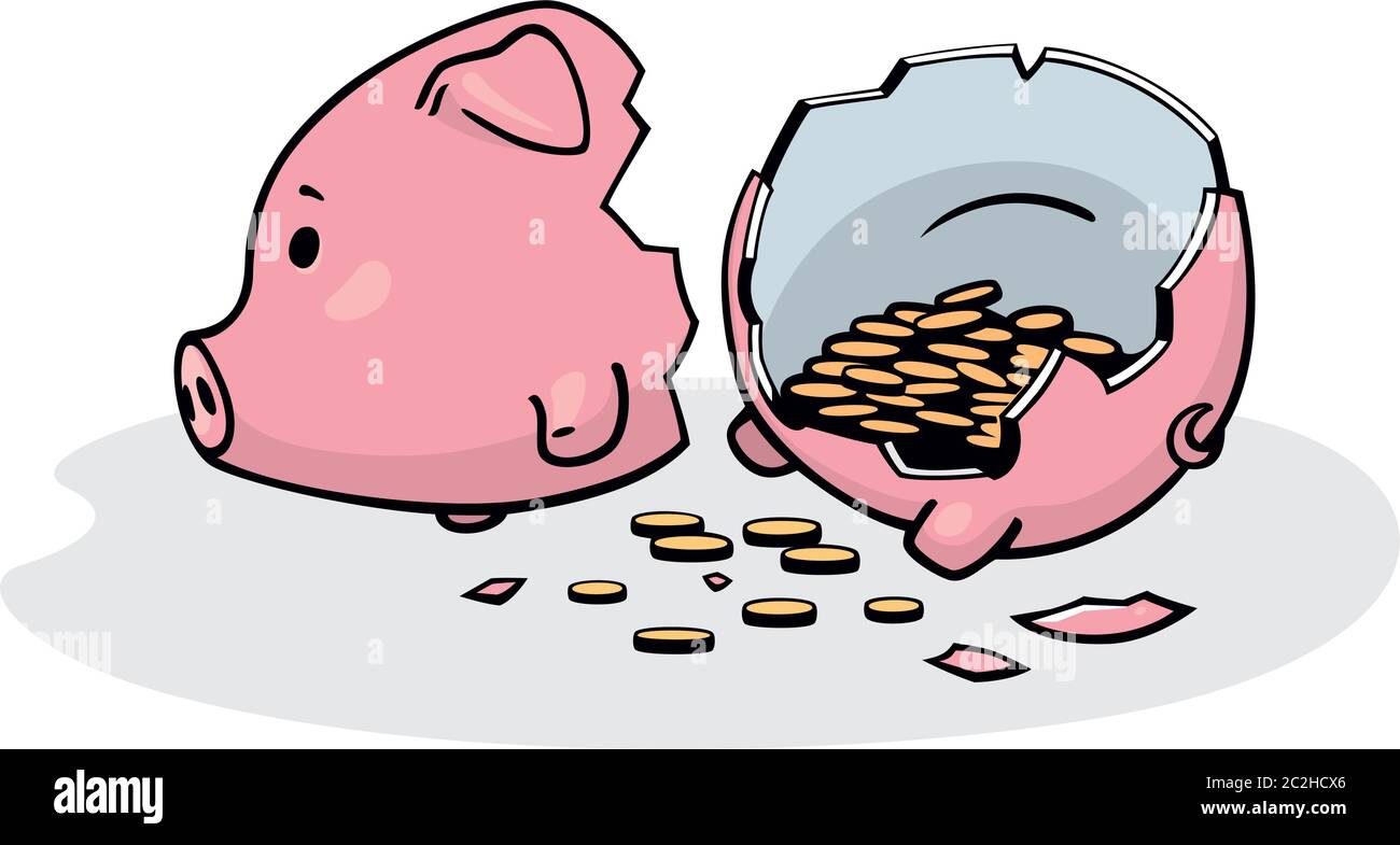 Illustrazione vettoriale di una banca di porcellini rosa in ceramica con monete all'interno. Disegno a mano libera convertito in grafica vettoriale. Isolato su bianco. Illustrazione Vettoriale