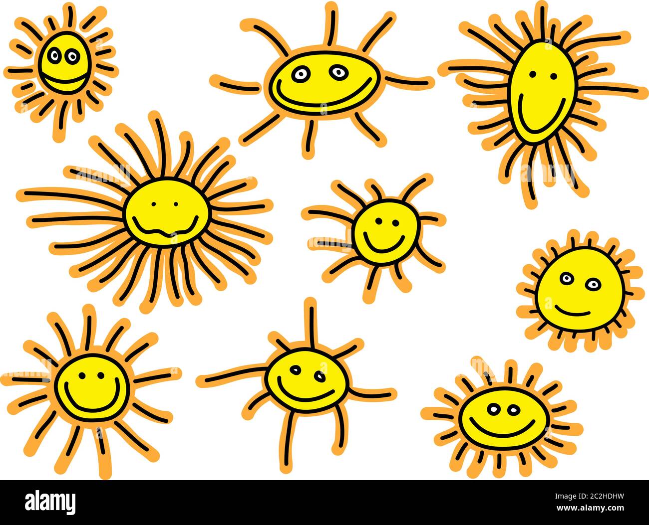 Raccolta di divertenti sole cartoni animati disegnati a mano Illustrazione Vettoriale