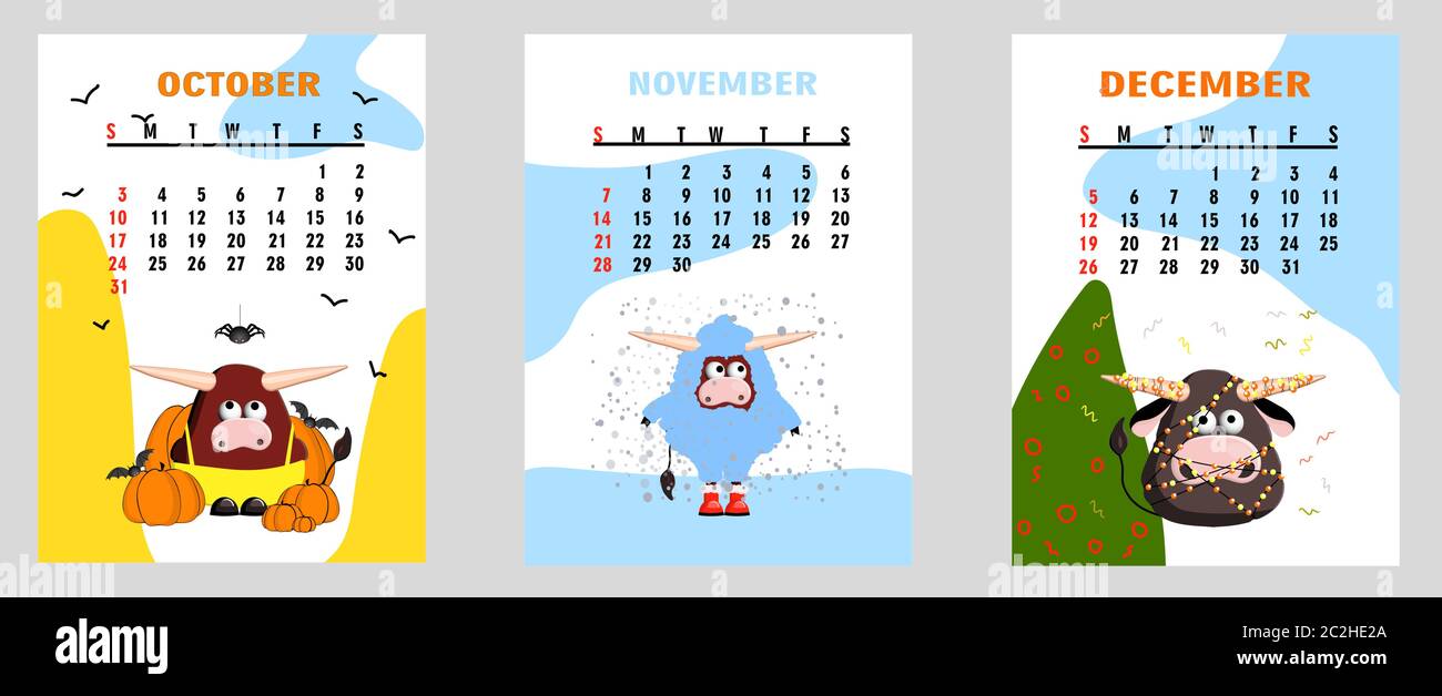 toro, calendario toro bianco o pianificatore A4 per 2021 con cartoon kawaii, toro o mucca, la settimana inizia la Domenica, modello vettoriale stampabile Illustrazione Vettoriale