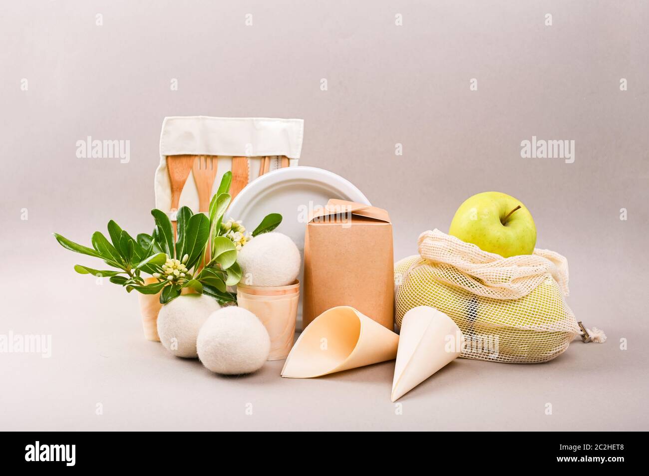 Palline per il lavaggio e per il fast food, bicchieri, piatti e contenitori di carta. Confezionamento alimentare ecologico e sacchetti eco-compatibili in cotone su sfondo grigio con spazio per la copia. Concetto di careraggio della natura e riciclaggio Foto Stock