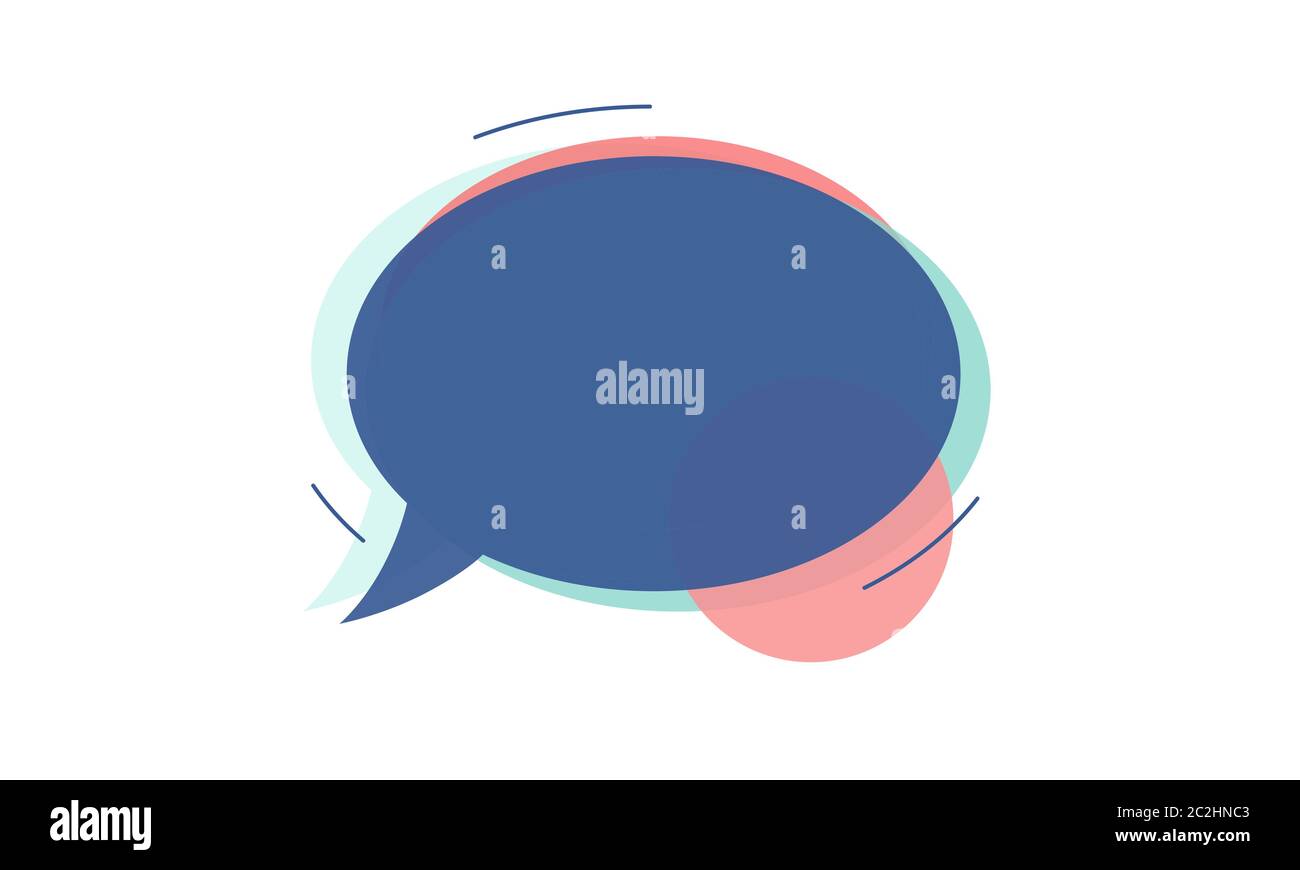 Vettore di un discorso blu sbiadito o bolla di chat o palloncino con forme verdi e arancioni sotto e linee surround. Isolato su sfondo bianco. Illustrazione Vettoriale