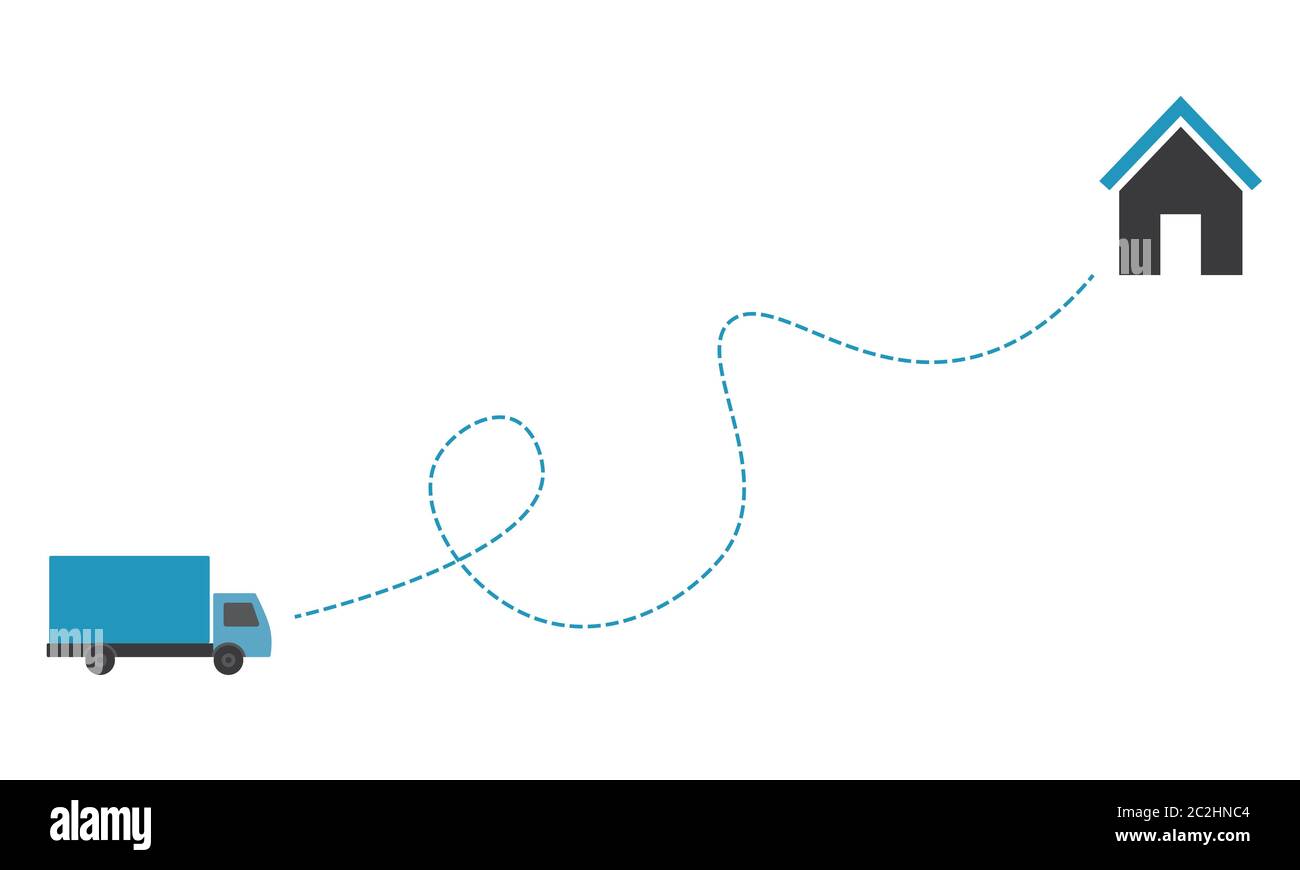 Vettore di camion consegna con percorso a linea tratteggiata che va nella direzione di una casa isolata su sfondo bianco. L'illustrazione è blu e grigia. Illustrazione Vettoriale