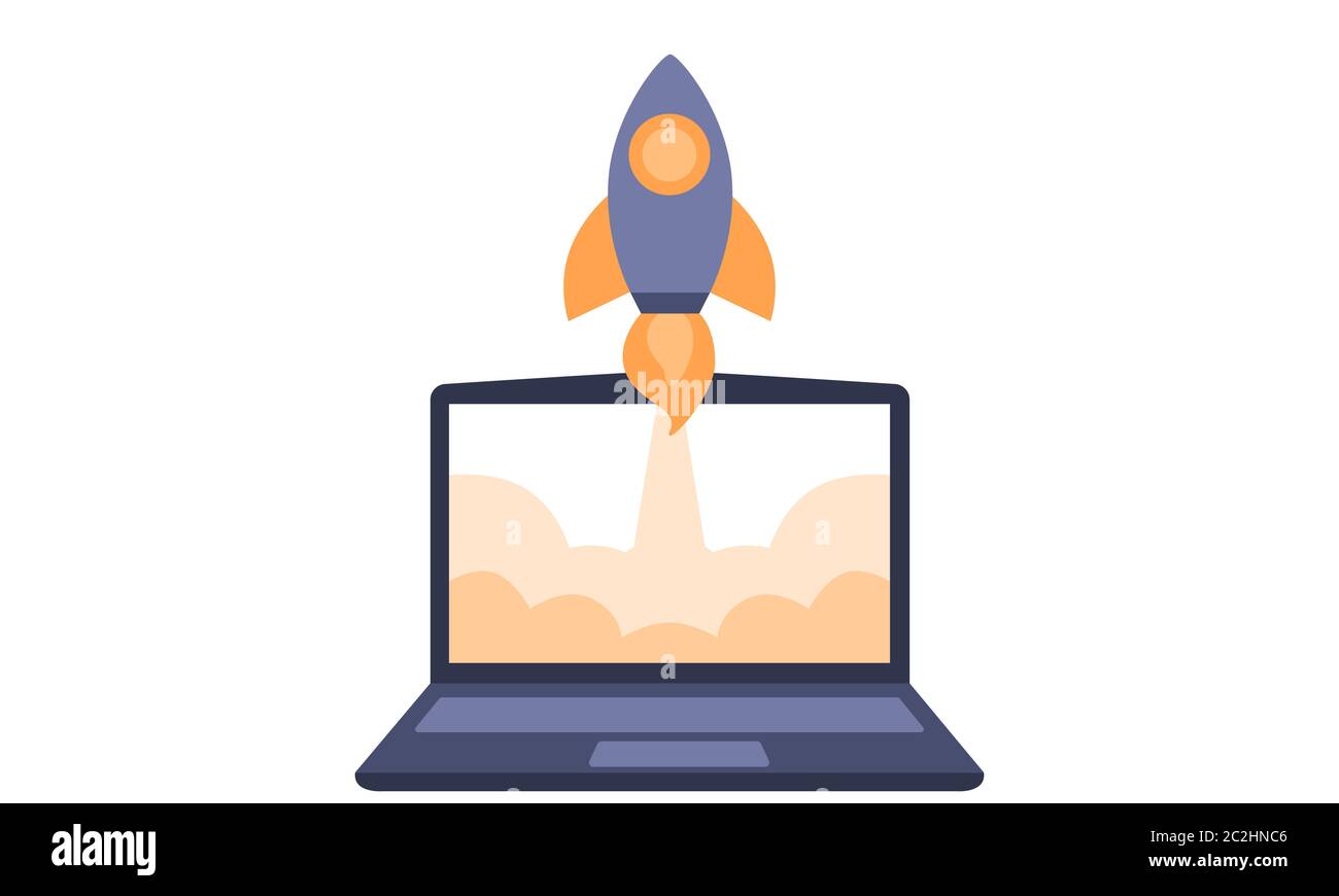 Vettore di lancio razzo con fuoco e fumo da un computer portatile. L'illustrazione mostra un lancio di un sito Web o di un negozio online o un avvio di business o di tecnologia. Illustrazione Vettoriale