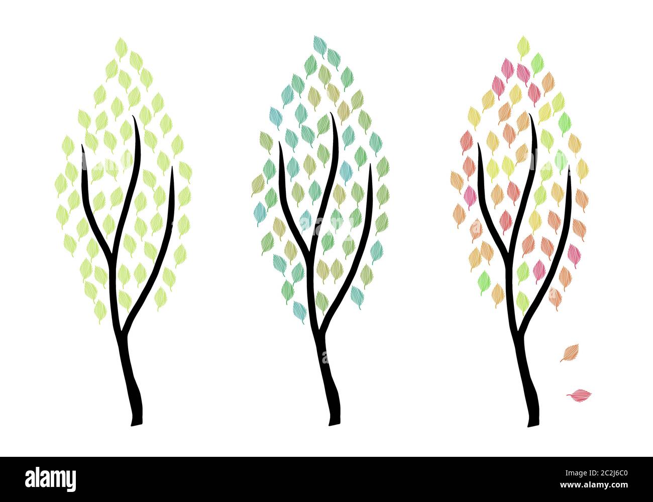 illustrazione moderna e minimalista di tre alberi nei colori primaverili estivi e autunnali Foto Stock