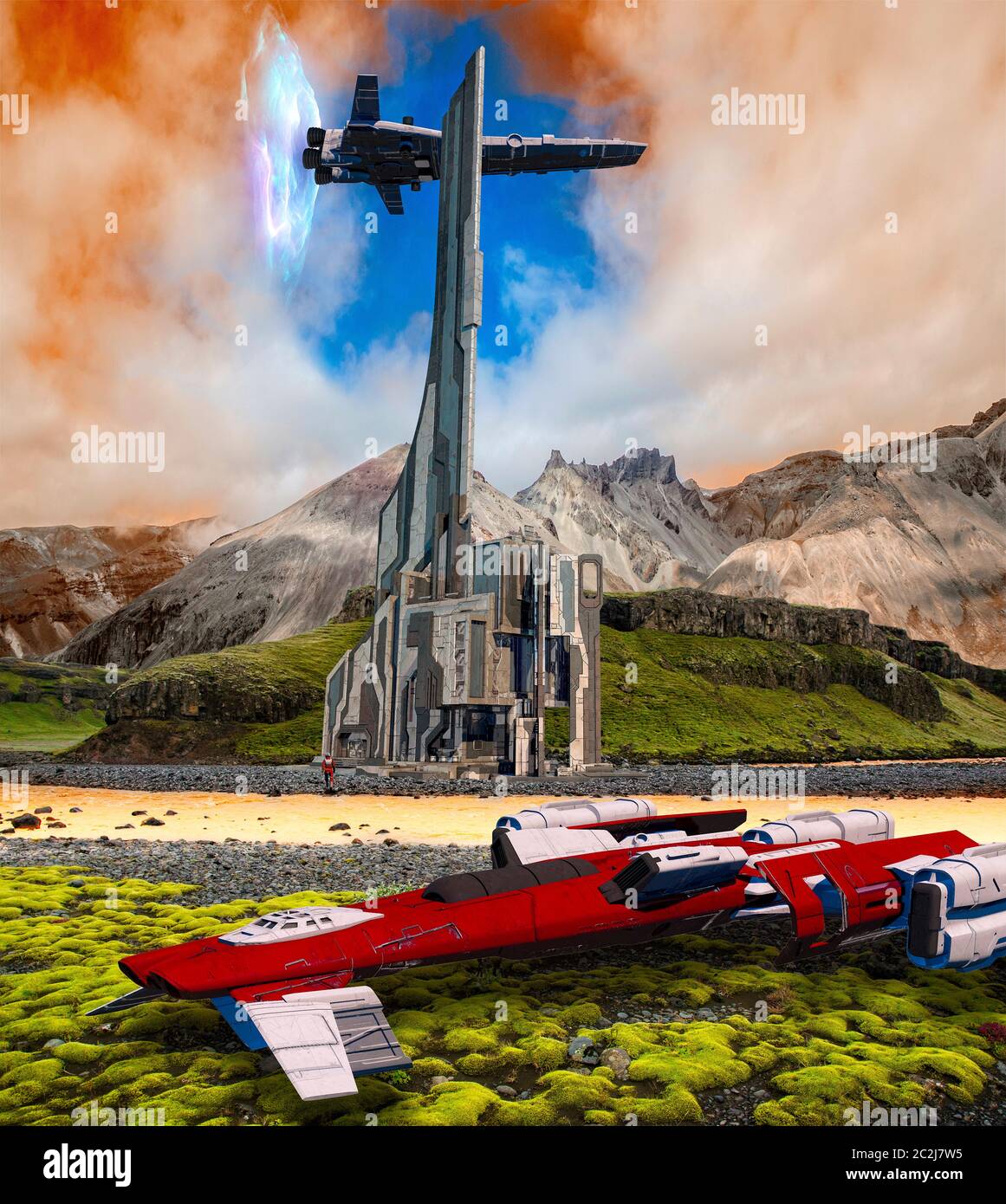 Il mondo della fantasia futuristica, nuovi pianeti e civiltà, conquista nello spazio. Infrastrutture aliena da altri mondi, avamposto spaziale. Nuovi sistemi solari. Foto Stock