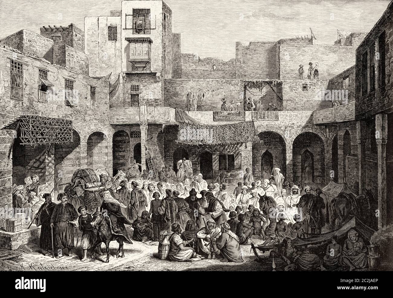 Il mercato degli schiavi, il Cairo. Egitto. Illustrazione incisa del 19 ° secolo, El Mundo Ilustrado 1880 Foto Stock
