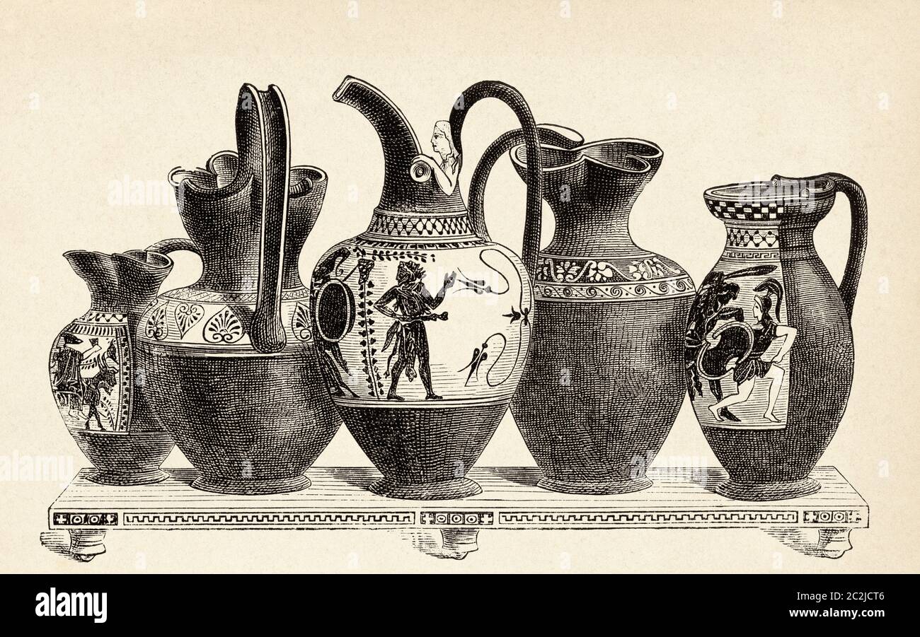 Vasca krater con colonna di terracotta per mescolare vino e acqua nell'antica Grecia. Illustrazione incisa del 19 ° secolo, El Mundo Ilustrado 1880 Foto Stock