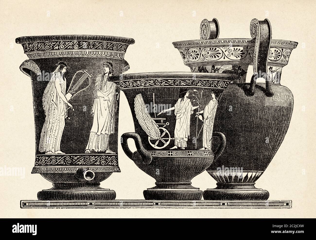 Vasca krater con colonna di terracotta per mescolare vino e acqua nell'antica Grecia. Illustrazione incisa del 19 ° secolo, El Mundo Ilustrado 1880 Foto Stock