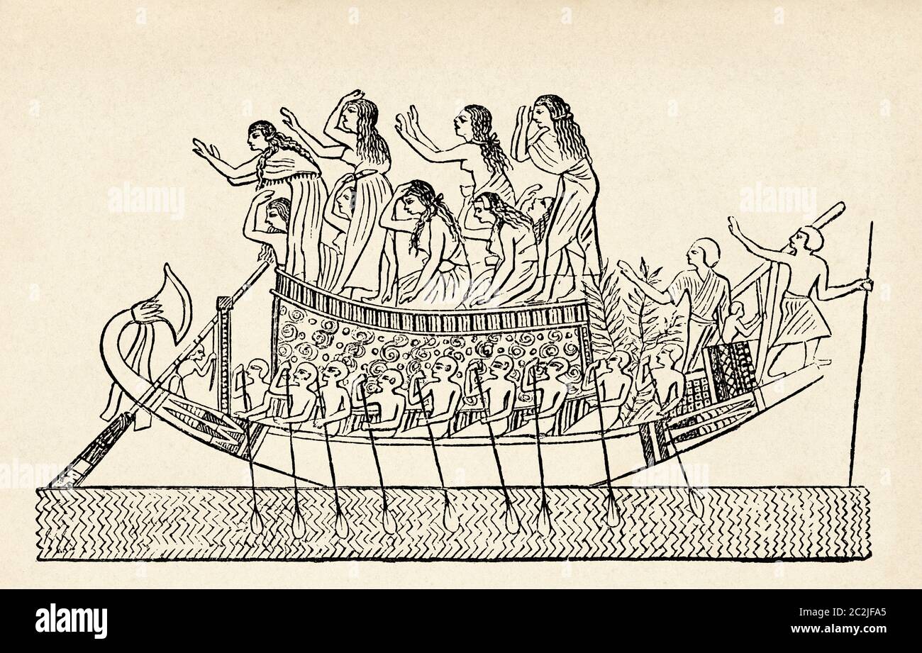 Barca con lutto e disposizioni, Tomba di Neferhotep a Tebe. Nuovo Regno, Antico Egitto. Illustrazione incisa del 19 ° secolo, El Mundo Ilustrado 1880 Foto Stock