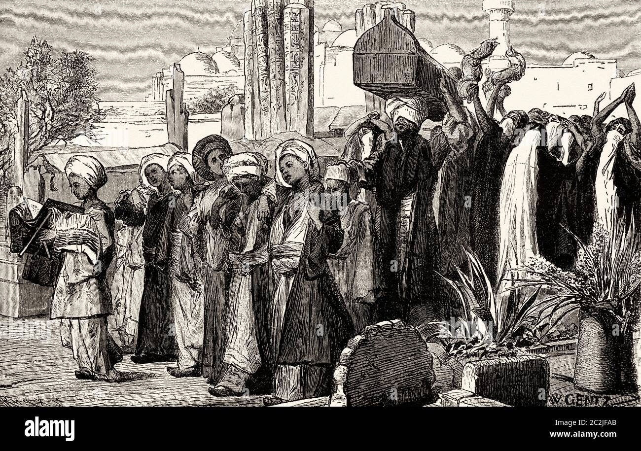 Processione funeraria araba al Cairo, antico Egitto. Illustrazione incisa del 19 ° secolo, El Mundo Ilustrado 1880 Foto Stock