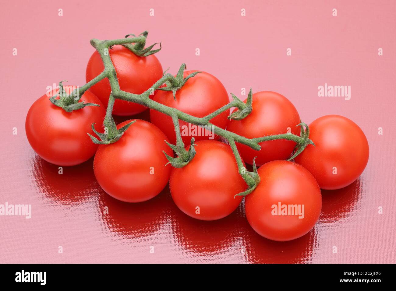 Ramo di pomodori ciliegia su uno sfondo rosso Foto Stock