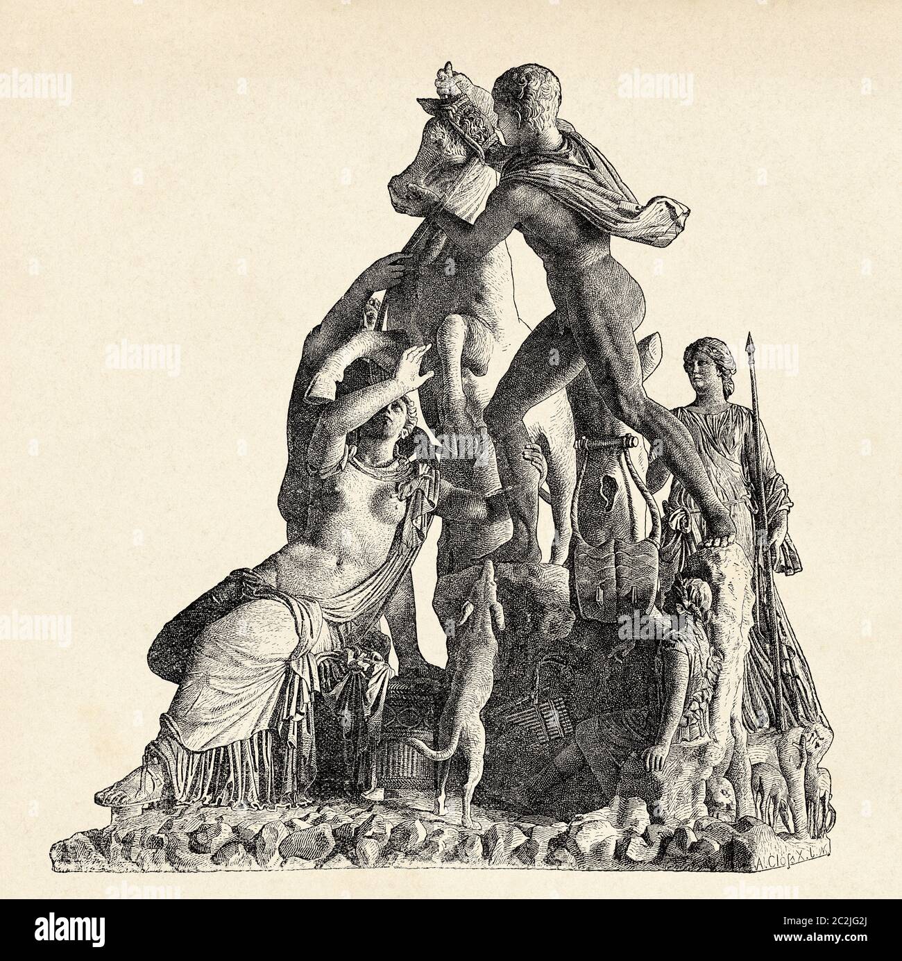Il Farnese Boll. Speculum Romanae Magnificentiae. Amphion e Zehus Tying Dirce to a Wild Bull Diana scultori Italiano, Italia. Illustrazione incisa del 19 ° secolo, El Mundo Ilustrado 1880 Foto Stock