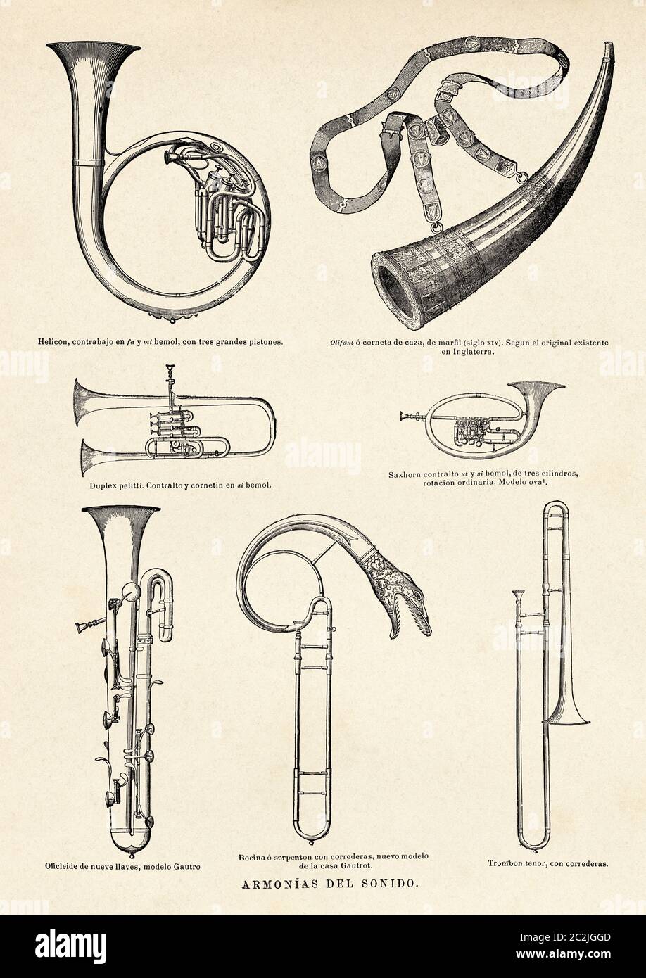 strumenti musicali del vento del xix secolo. Illustrazione incisa del 19 ° secolo, El Mundo Ilustrado 1880 Foto Stock