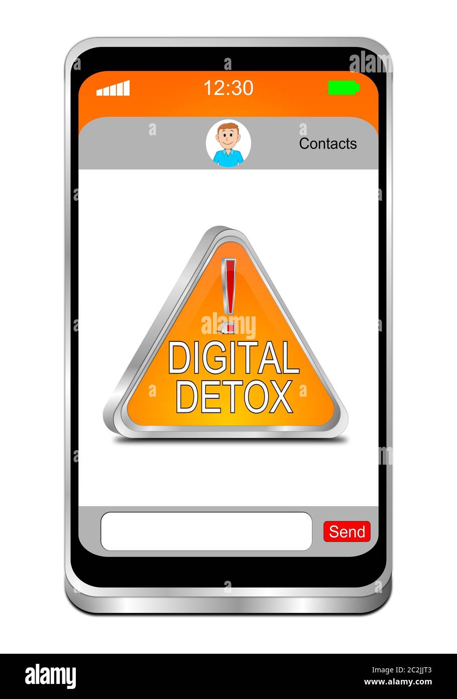 Smartphone con pulsante Detox digitale arancione su sfondo bianco - illustrazione 3D Foto Stock