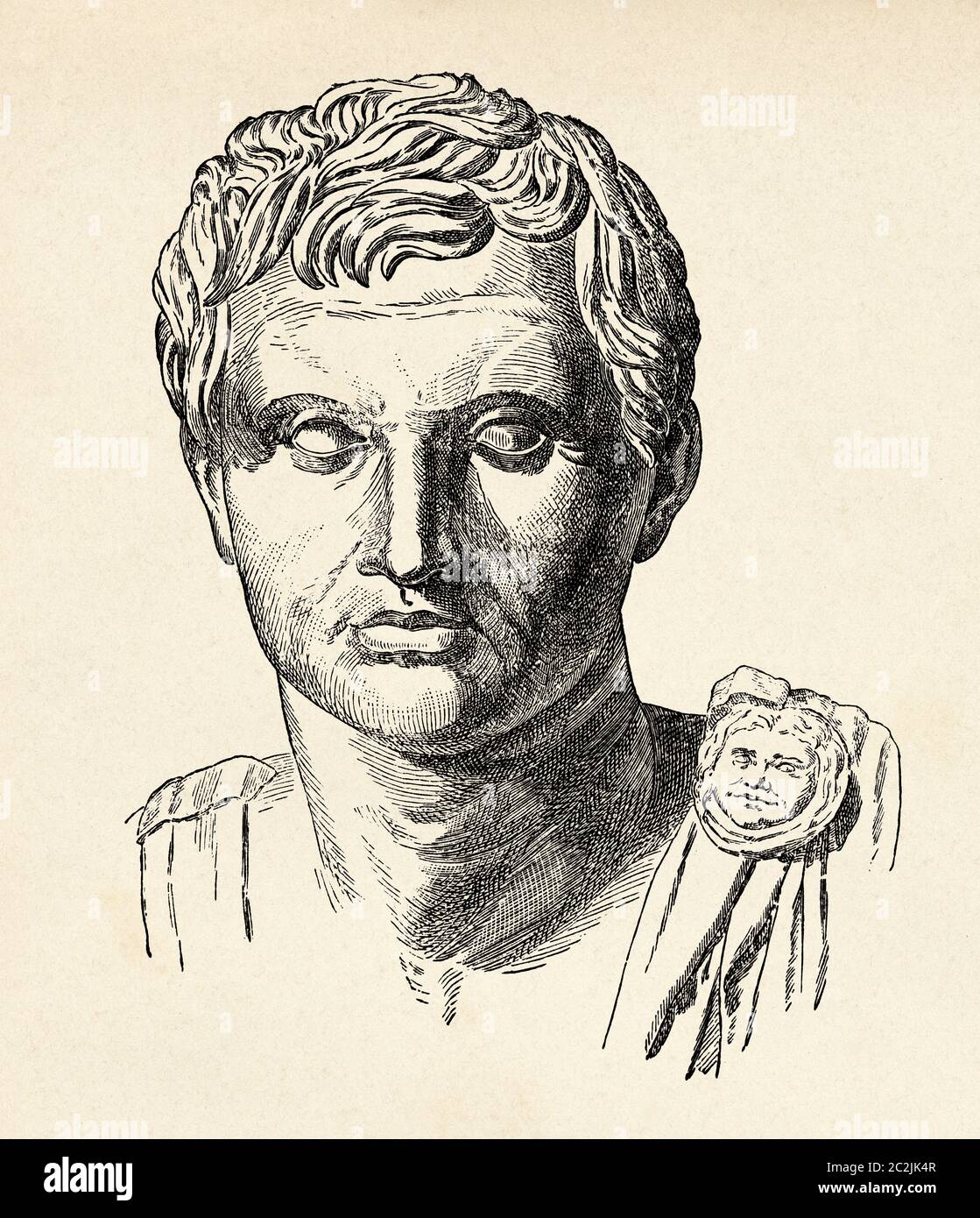 Gnaeus Pompeo Magnus, 106 - 48 a.C. Busto di Pompeo il Grande, leader militare e politico della defunto Repubblica Romana, Roma Antica. Illustrazione incisa del 19 ° secolo, El Mundo Ilustrado 1880 Foto Stock
