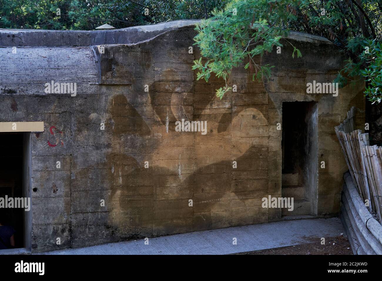 Muro e porta dipinti con mimetismo di un blocco fortificato della Seconda Guerra Mondiale sotto i pini a Cap Ferret, Francia Foto Stock