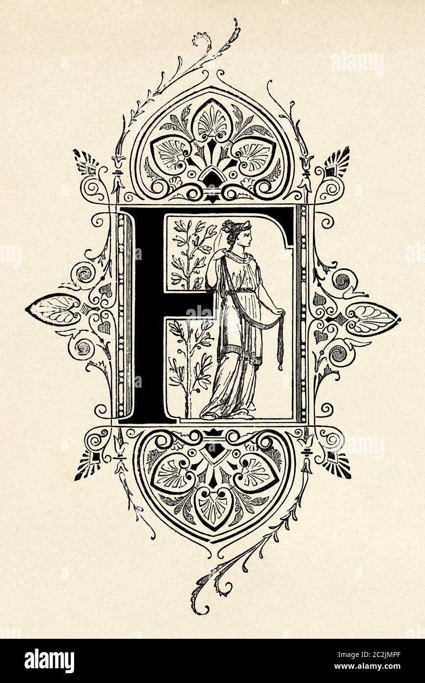 Disegno del XIX secolo, lettera iniziale F. illustrazione incisa del XIX secolo, El Mundo Ilustrado 1880 Foto Stock