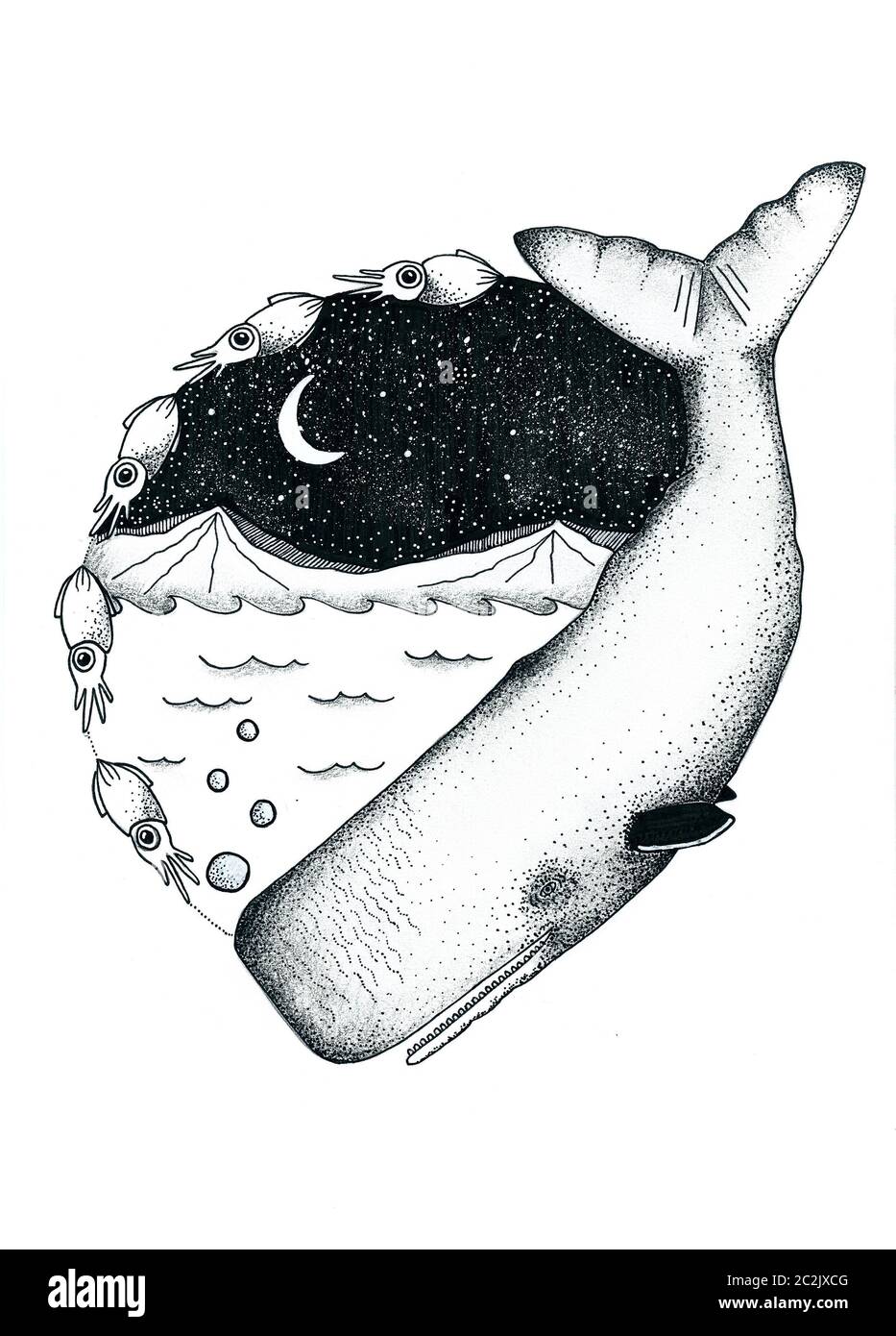 Illustrazione di un balenottero di spermatozoi di notte con montagne sullo sfondo Foto Stock