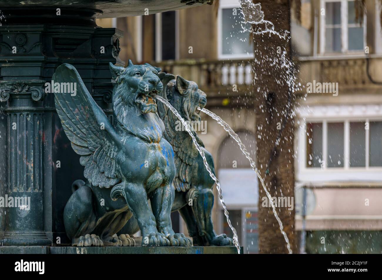 Fontana dei Leoi in marmo romano del XIX secolo o Fonte dos Leoes con 4 leoni alati su piazza Praca de Gomes Teixeira a Porto, Portogallo Foto Stock