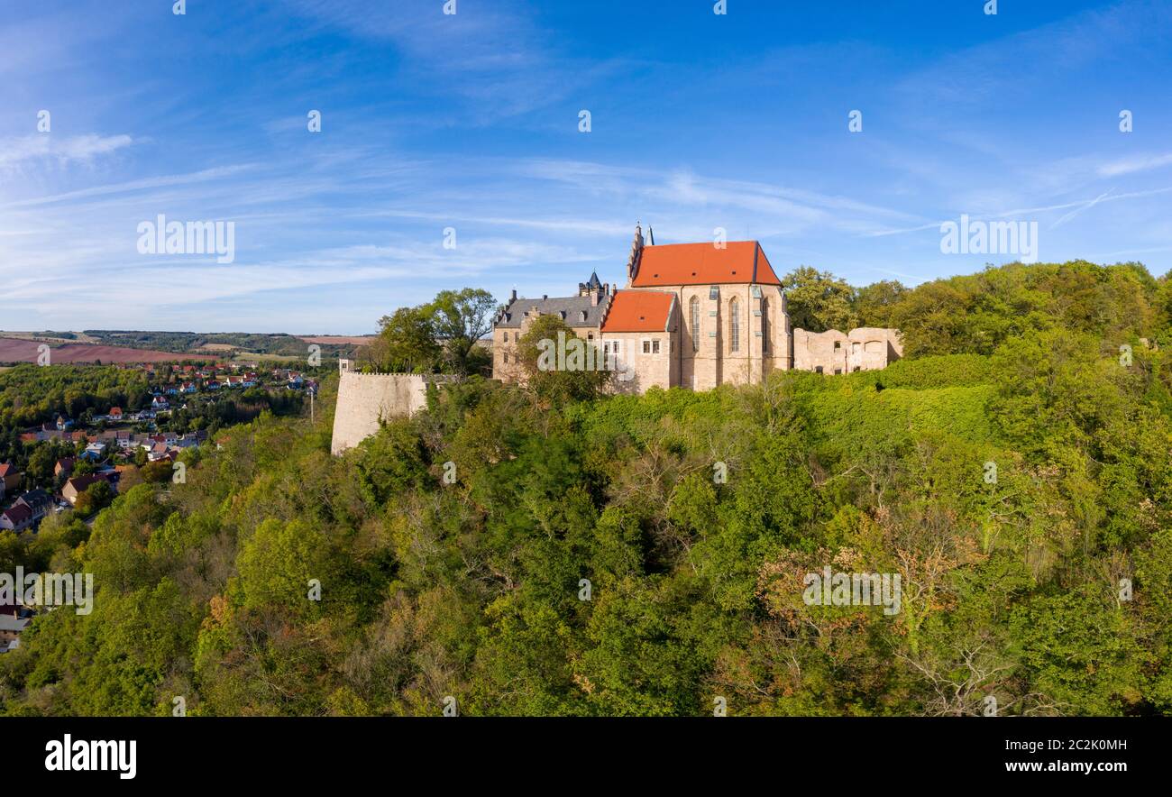 Mansfelder Land Vista sul Castello di Mansfeld mansfeld Foto Stock