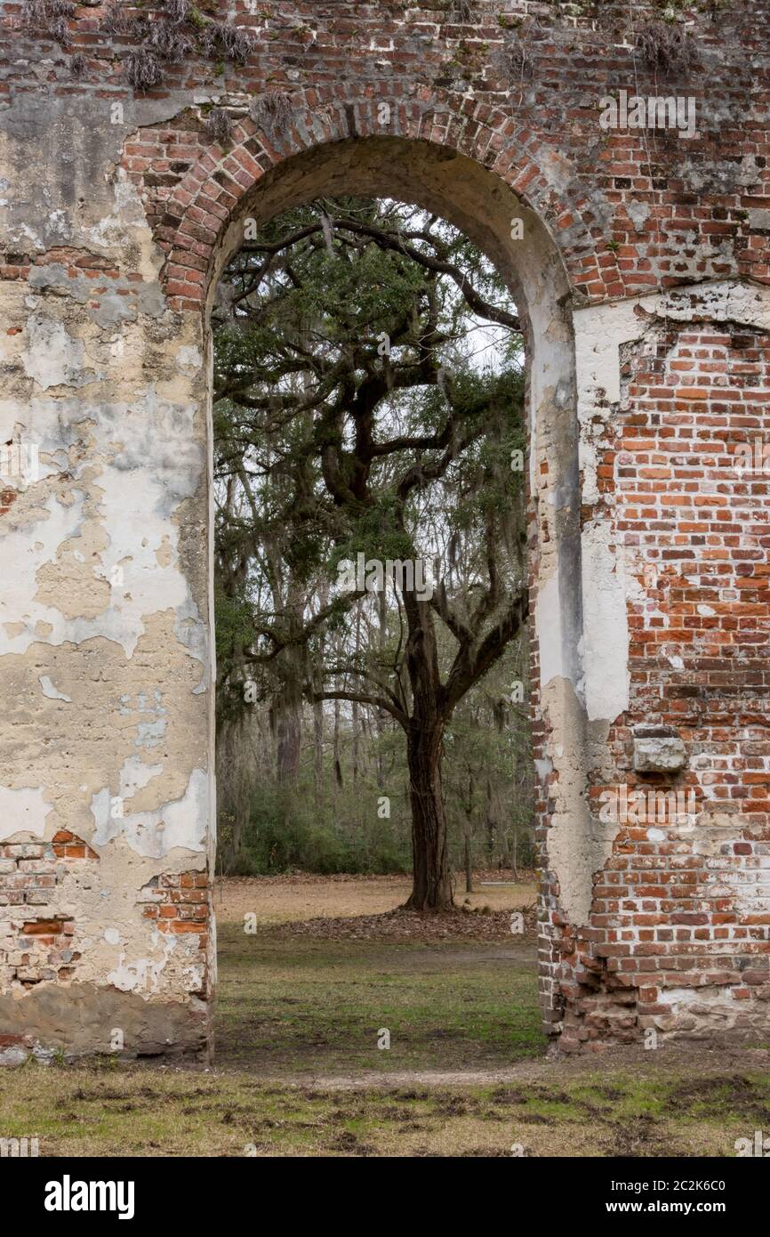 Le rovine della vecchia chiesa di Shelton a Yemassee, SC, sono una destinazione da non perdere quando si visita la contea di Beaufort, Carolina del Sud. Foto Stock