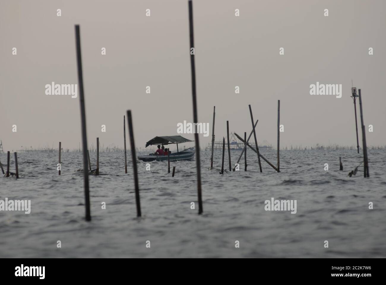 Imbarcazione ricreativa che si muove tra i pali di bambù sull'acqua costiera al largo della spiaggia del villaggio di Marunda a Giacarta, Indonesia. Foto Stock