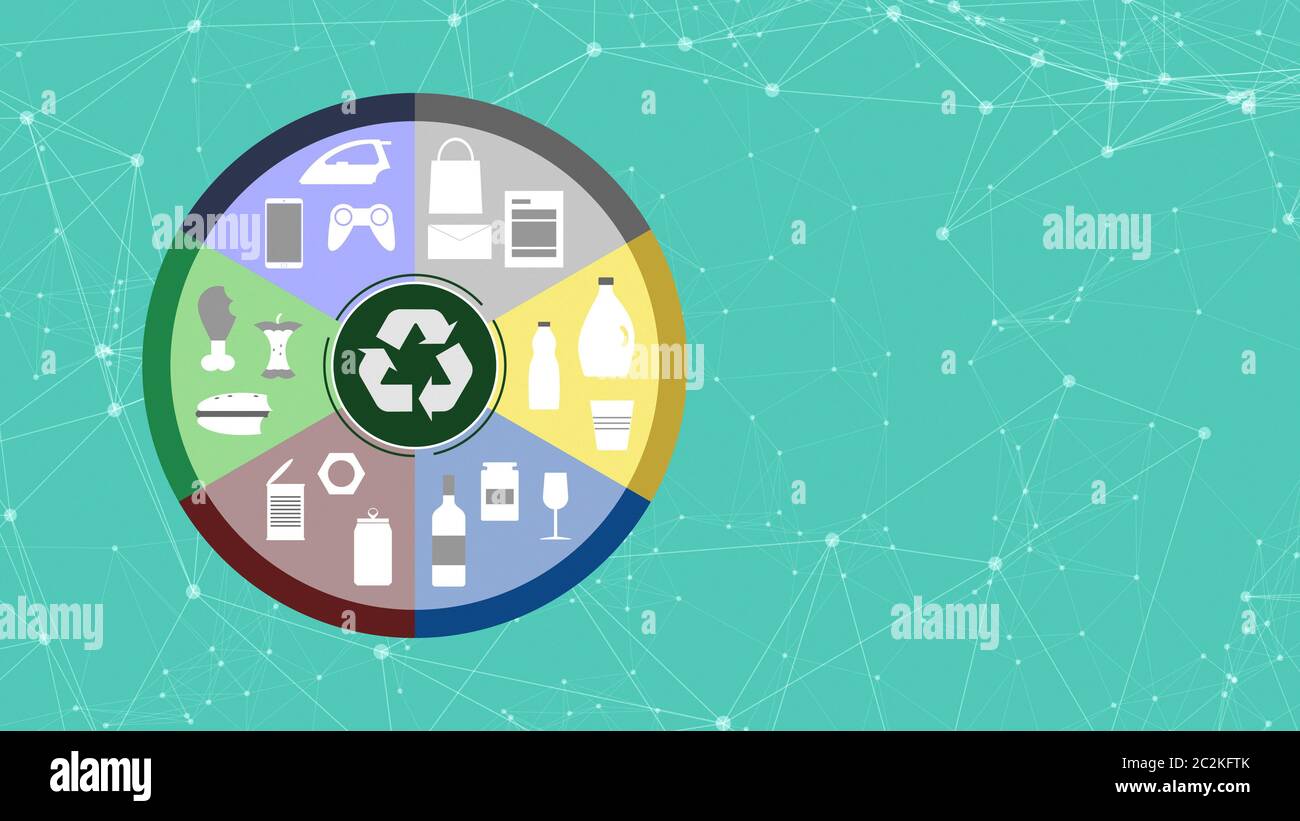 cerchio con icone di materiali e oggetti diversi, al centro il simbolo del  riciclaggio, concetto di rifiuti e riciclaggio, spazio di copia Foto stock  - Alamy