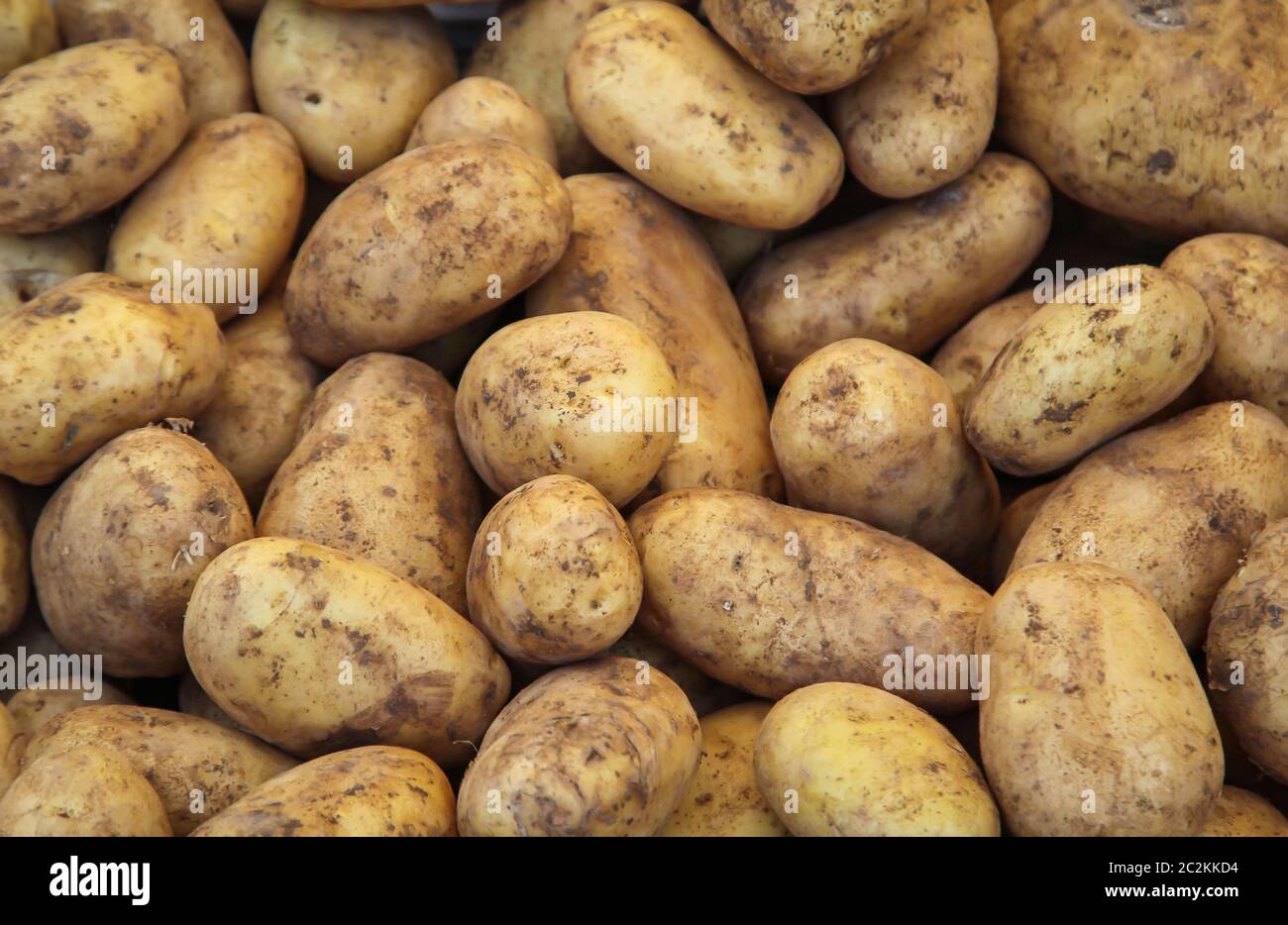 Un sacco di patate che sono offerti in un mercato Foto Stock