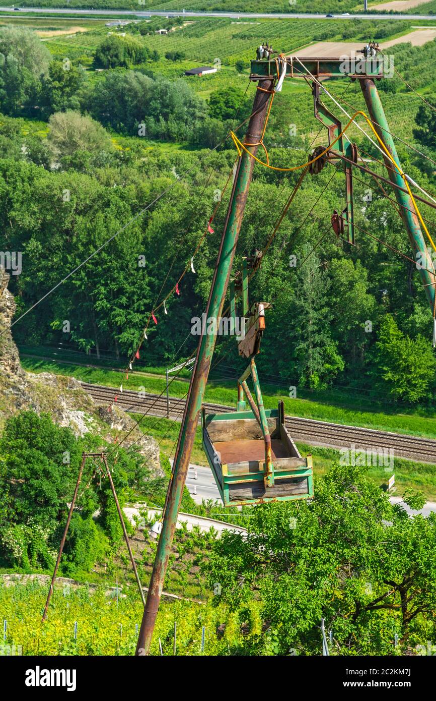 Svizzera, Cantone Vallese, dintorni di Sion, terrazze di vino, ascensore utilizzato per l'uva lungo ripide pendii vigneto Foto Stock
