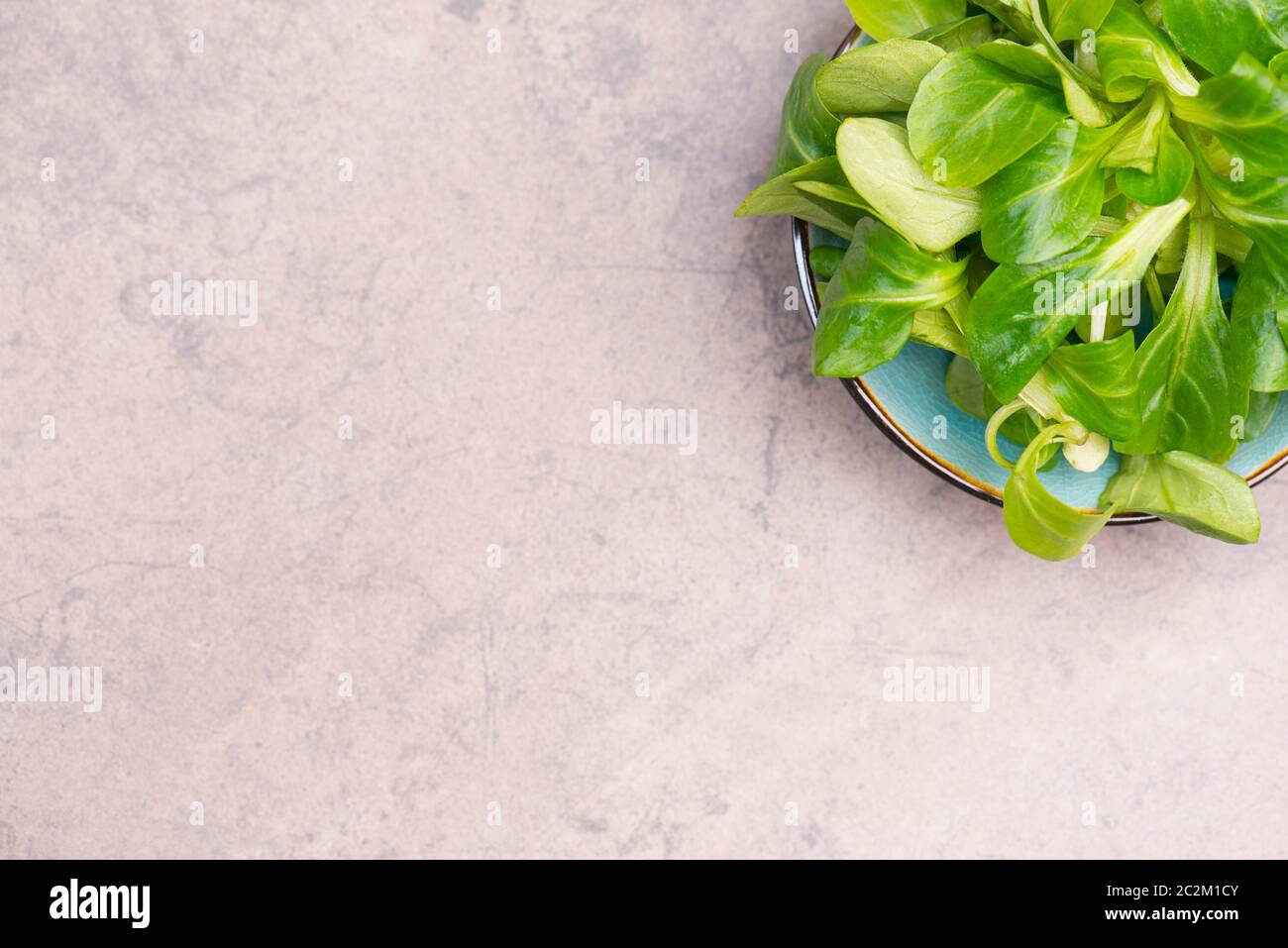 Lambs lattuga su uno sfondo marrone testurizzato, spazio di copia vuoto Foto Stock