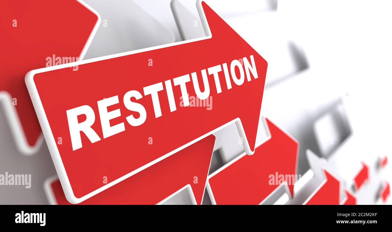 Concetto di restituzione. Freccia rossa con slogan "restituzione" su sfondo grigio. Rendering 3D. Foto Stock