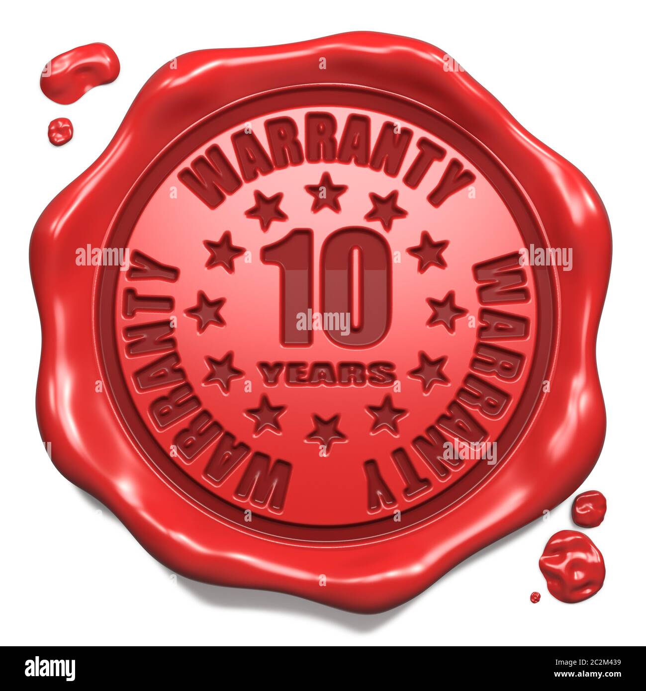 Garanzia 10 anni - timbro sulla guarnizione in cera rossa isolata su bianco. Concetto aziendale. Rendering 3D. Foto Stock