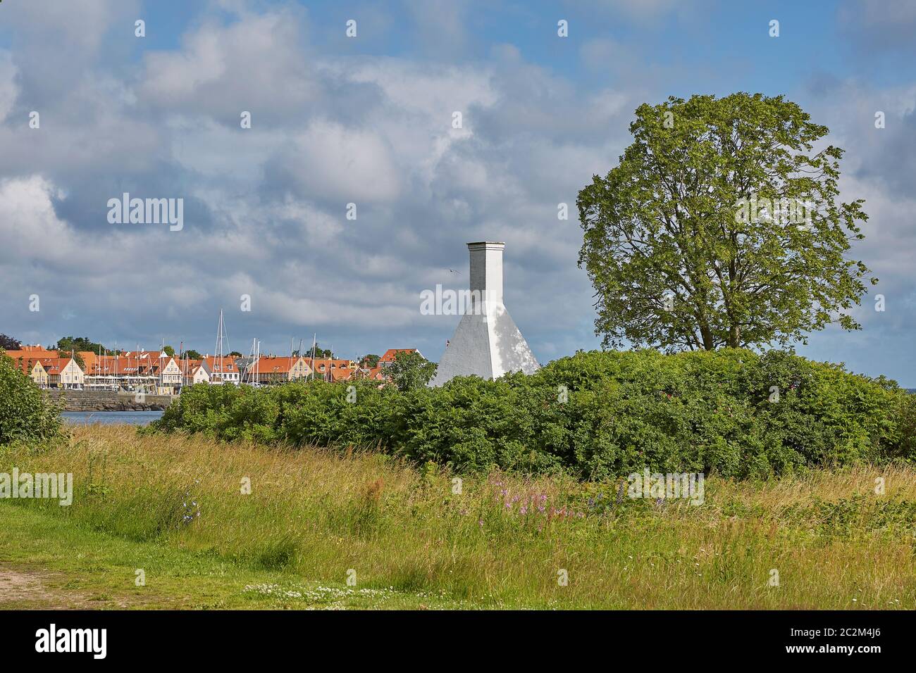 I tetti e camini di case di fumo molto piccole così tipico e famoso per il piccolo villaggio di Svaneke Foto Stock