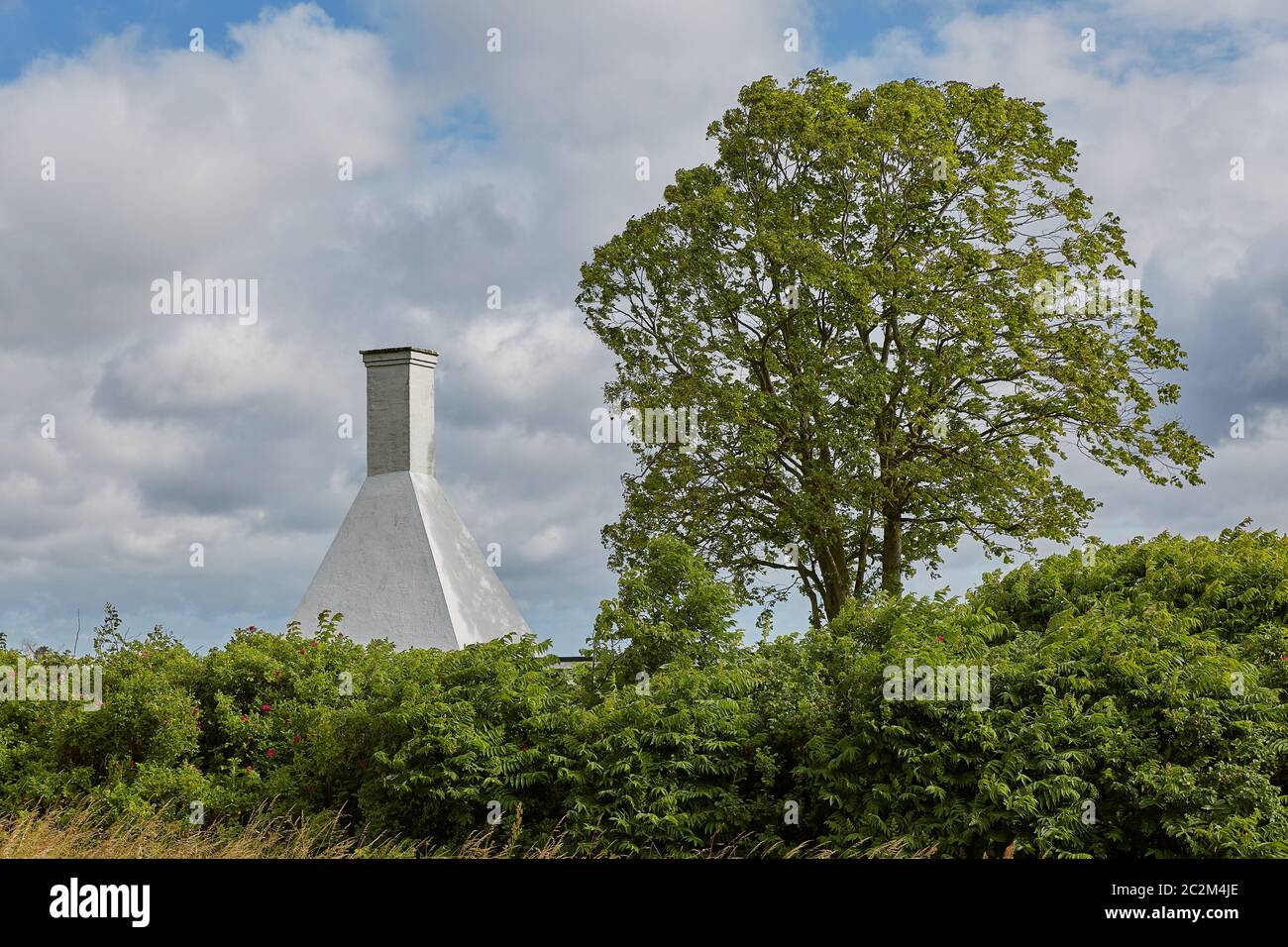 I tetti e camini di case di fumo molto piccole così tipico e famoso per il piccolo villaggio di Svaneke Foto Stock