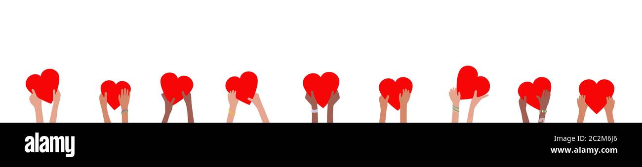 Banner donazione con le mani dei bambini che tengono e danno cuori rossi donare concetto Illustrazione Vettoriale