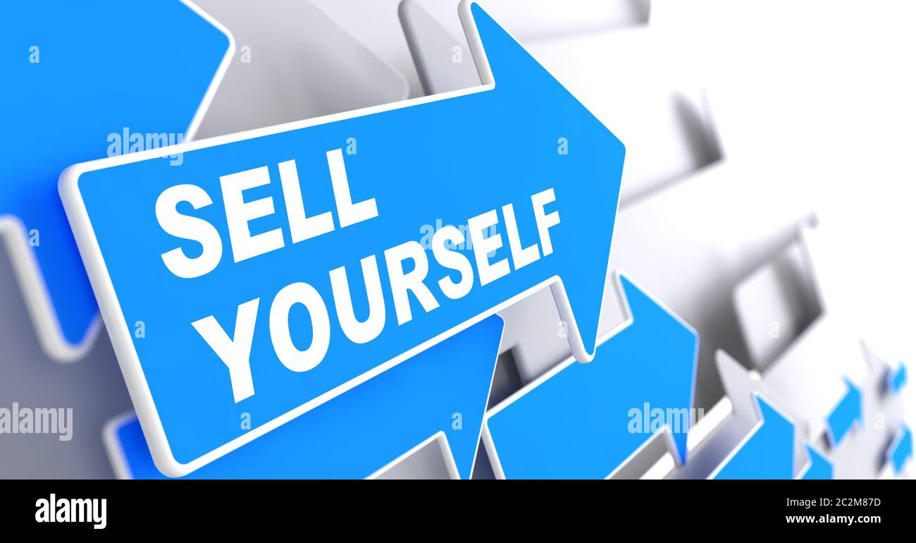 Sell Yourself - background aziendale. Freccia blu con slogan "Insein yourself" su sfondo grigio. Rendering 3D. Foto Stock