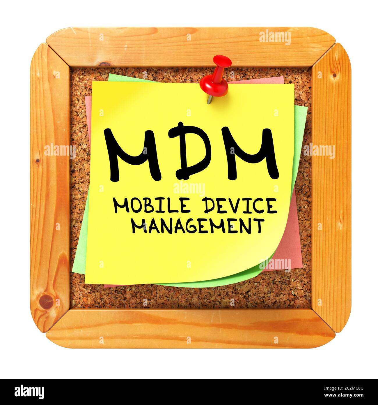 MDM - Mobile Device Management - scritto su adesivo giallo sul Bollettino di Cork o sulla bacheca. Foto Stock