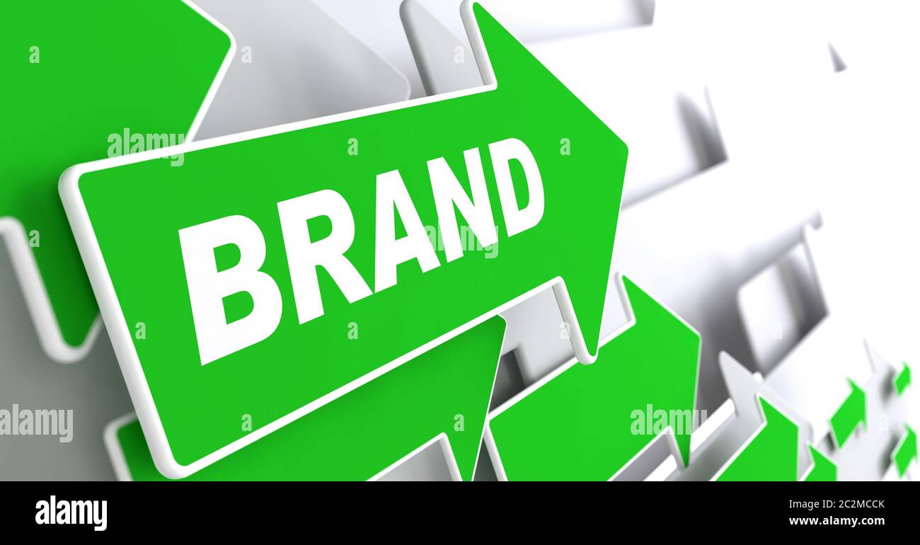 Marchio - concetto aziendale. Freccia verde con la parola "marchio" su sfondo grigio. Foto Stock