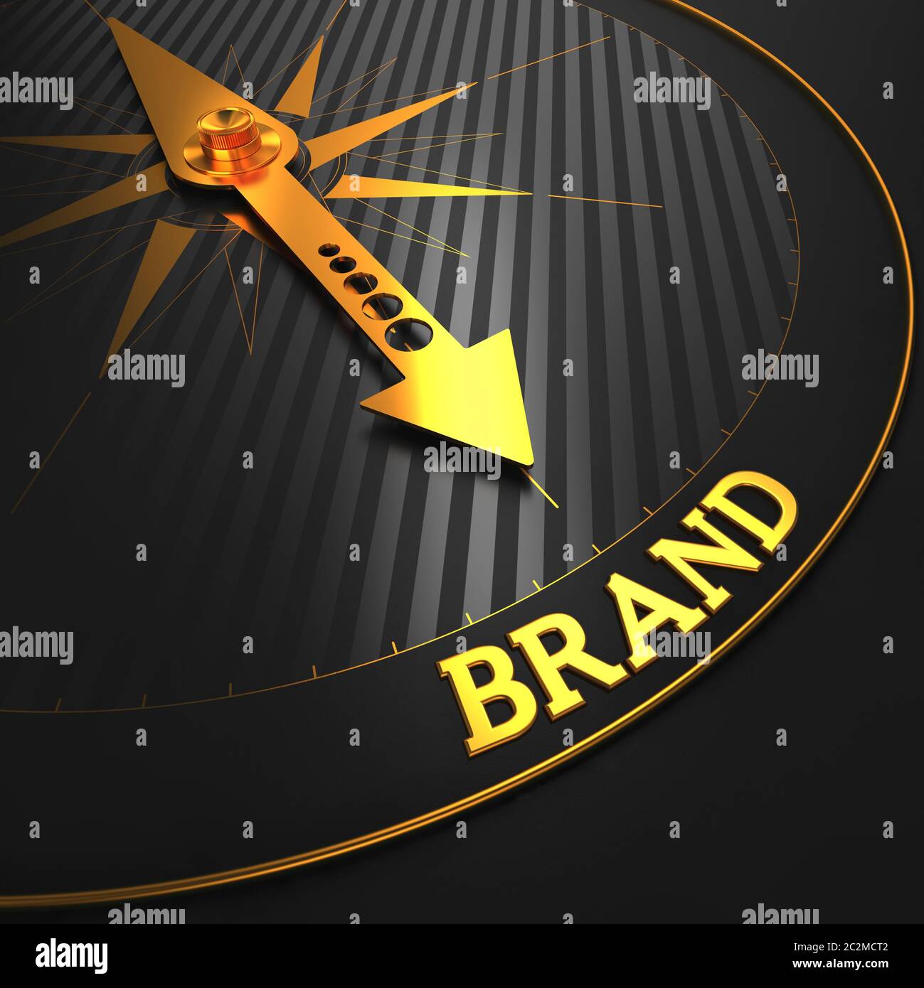 Marchio - concetto aziendale. Ago Golden Compass su un campo nero che indica la parola "Brand". Foto Stock
