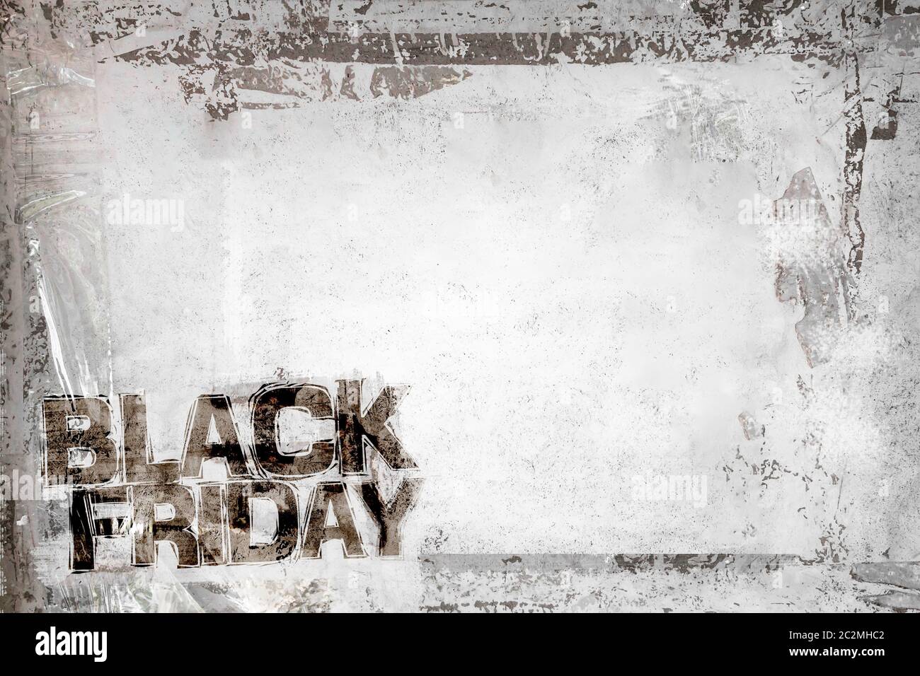 Venerdì nero Grunge sfondo con una schifezza telaio e resti di nastro Scotch e cellophane. Completamente modificabile. Sporco design artistico elemento, box, telaio Foto Stock