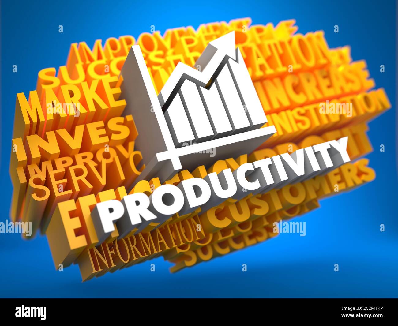 Grafico della produttività con la crescita - testo bianco su WordCloud giallo su sfondo blu. Foto Stock