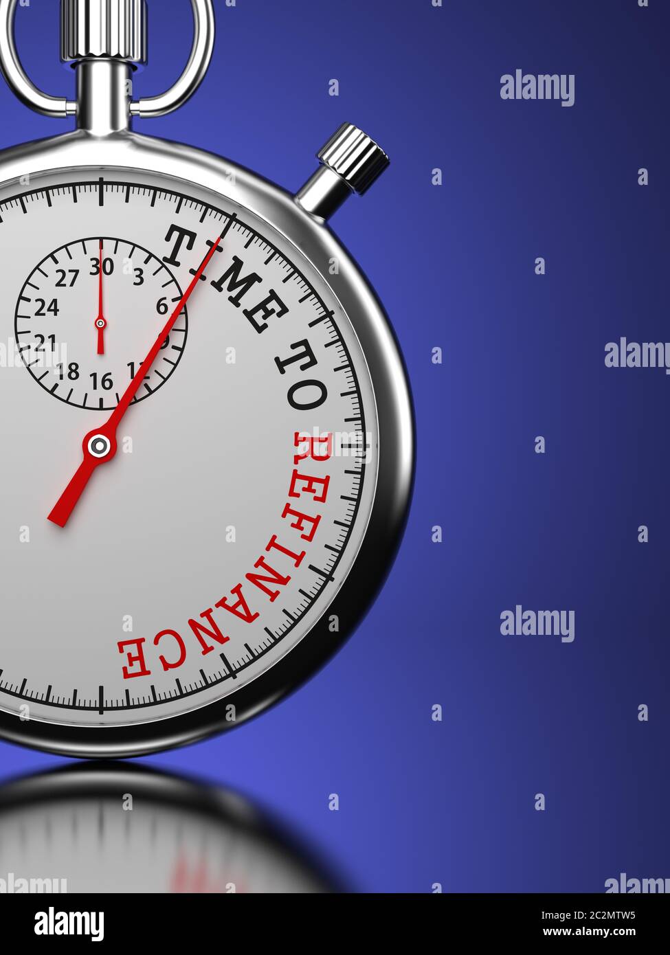 Cronometro con Time to Refinance slogan su sfondo blu. Foto Stock