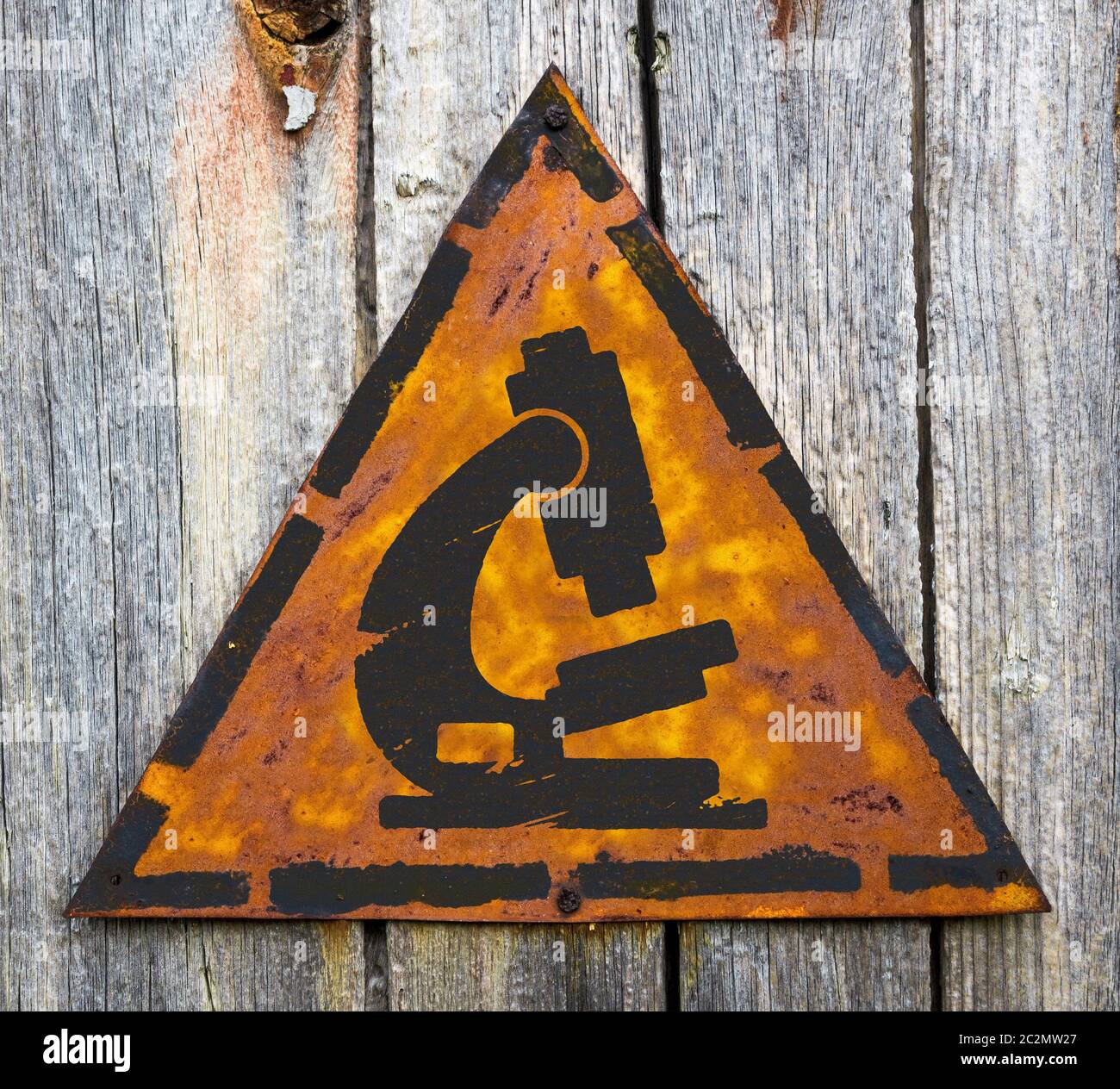 Icona del microscopio sul cartello giallo giallo triangolare resistente alle intemperie. Sfondo Grange. Foto Stock